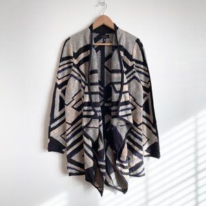 Lucky Brand NWOT Geo Drape Cardigan Sweater Open-Front, Black/Cream Multi, Sz M
